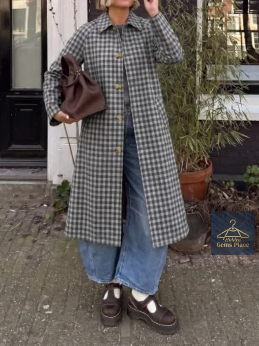 Women's Plaid Trench Coat Single Breasted Long Jacket Fall